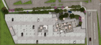 Planta de implantação do 3º subsolo, com acessos, vagas e rampas numerados